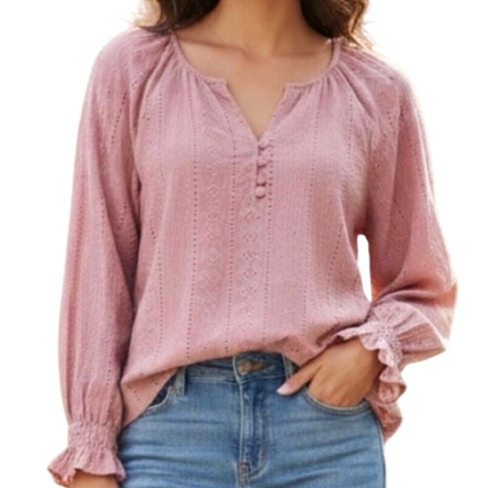 FRYE Textured Eyelet Peasant Blouse Pink Size Small